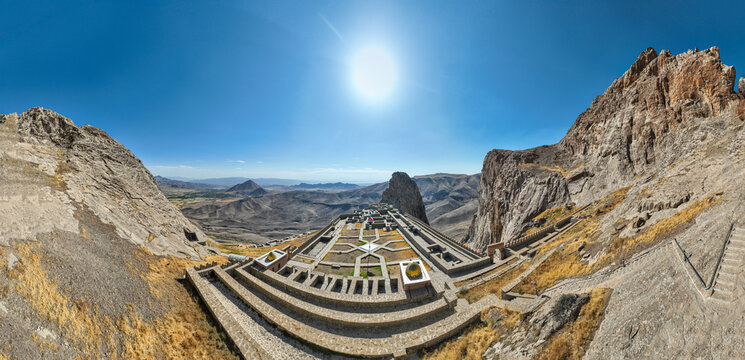 Panorama showcasing Alinja castle with surrounding landscape in Azerbaijan during daytime