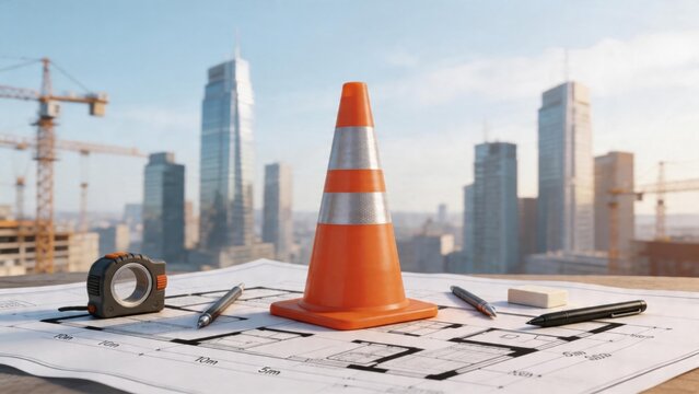 Construction site tools and blueprints