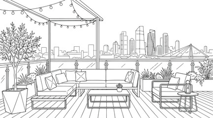 Fototapeta premium Modern rooftop terrace with lounge furniture and city skyline