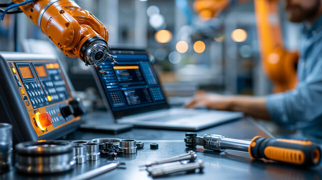 A workbench with robot arm controllers, spare parts and a torque wrench arranged for assembly, robotics control engineer setup, industrial robot arm, controller, production plant,