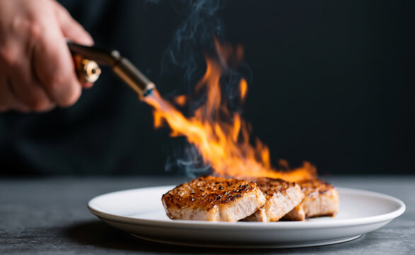 Professional chef searing chashu pork with a blowtorch in kitchen