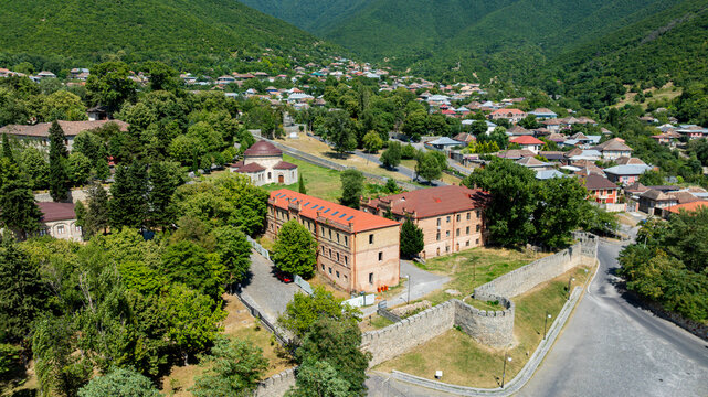 View of Khan's palace aerial view with surrounding landscape and buildings in Sheki, Azerbaijan