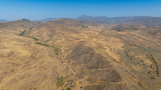 View of the bombed village of Jabrayil in Qarabaqh showing destruction and barren landscape in Azerbaijan after conflict