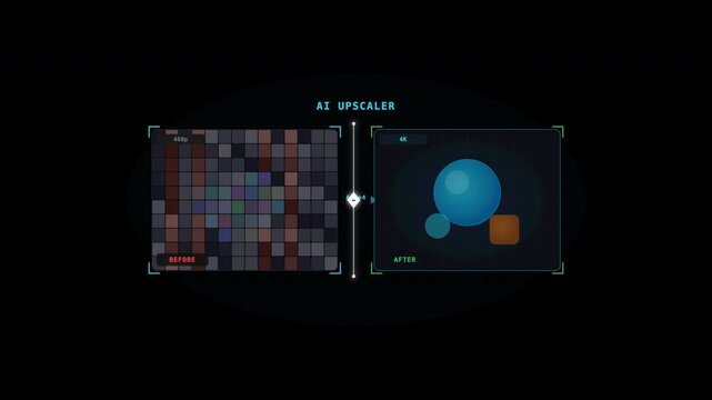 Ai upscaler interface demonstrating the difference between pixelated and clear shapes. Suitable for technology or design concepts.
