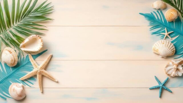 Summer border with seashells, starfish, and palm leaf on wood board. Vacation concept with beach elements. Textured weathered wood board