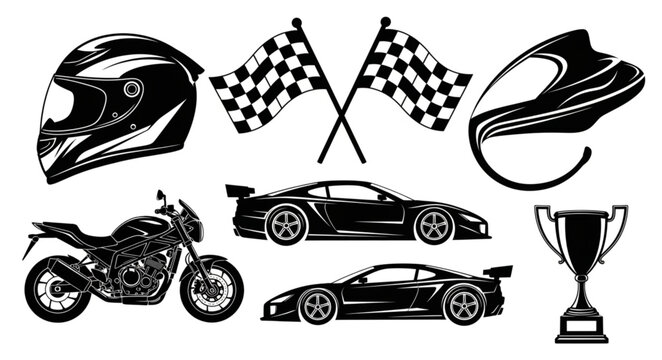 Motorsport racing elements including cars motorcycle helmets flags and trophy.