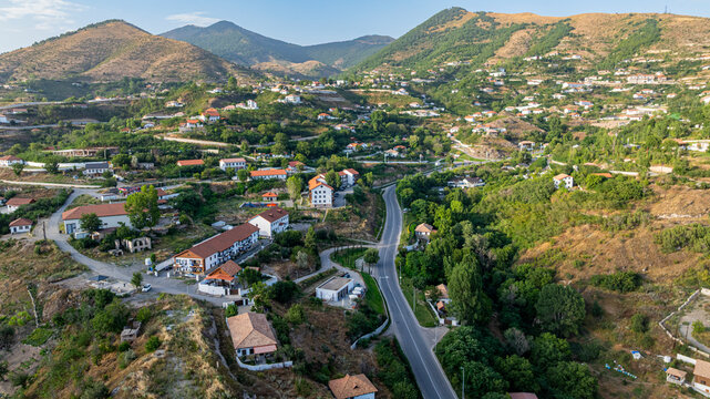 View of the mountain resort Lachin with green hills and winding roads in Qarabaqh region of Azerbaijan