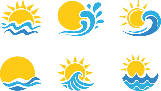 Sun and ocean wave logos collection, summer beach symbols for travel tourism and resort brandingSun and ocean wave logos collection, summer beach symbols for travel tourism and resort branding