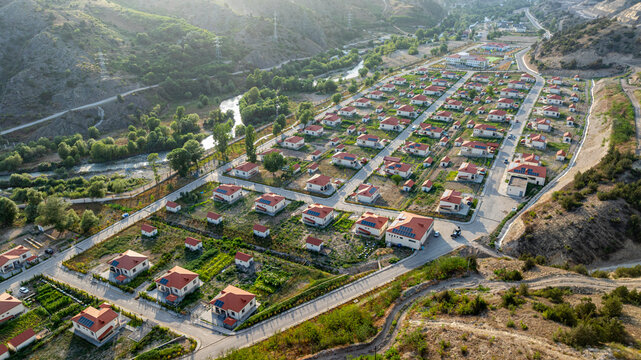 Mountain resort in Lachin shows a view of cottages and nature near Qarabaqh in Azerbaijan with winding roads and greenery