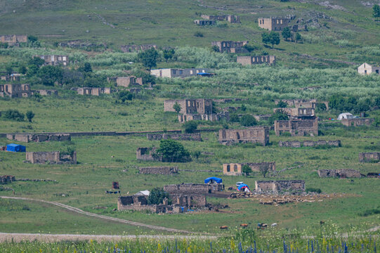 Bombed village in the highlands showing destruction after conflict in Qarabaqh region