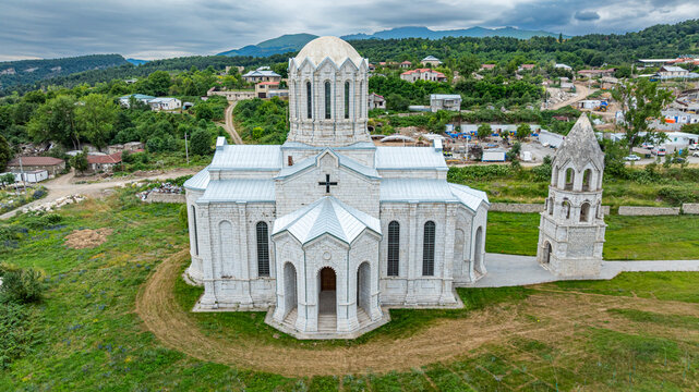 Aerial view of a church surrounded by greenery in Qarabaqh, Azerbaijan
