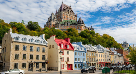 Fototapeta premium Château frontenac castle overlooking colorful european-style buildings in quebec city