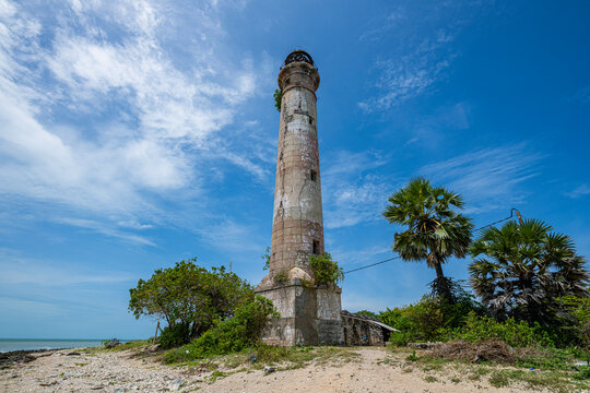 Kovalim lighthouse stands tall by the coast in the Tamil region of Jaffna district Sri Lanka
