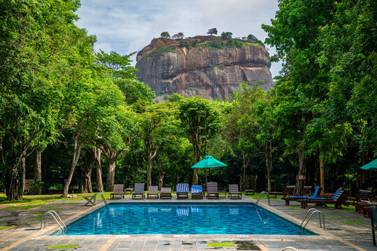 Hotel pool provides view of rock fortress in Central Province Sri Lanka