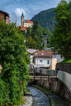 Exploring the site of the mercury mine in Idrija, Slovenia with historical architecture and nature in view