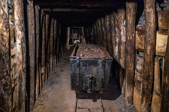 History of mercury mining shown in underground tunnel at Idrija mine in Slovenia