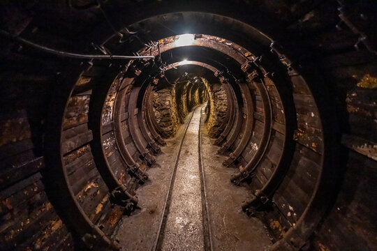 Mercury mine of Idrija showing the interior tunnel structure and track in Slovenia