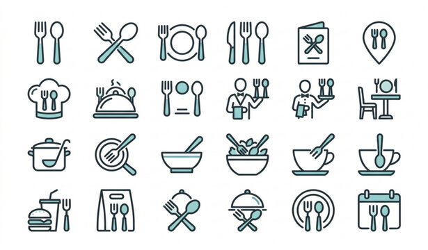 Minimal fork spoon and dining plate outline symbols for restaurant menu app and website vector set
