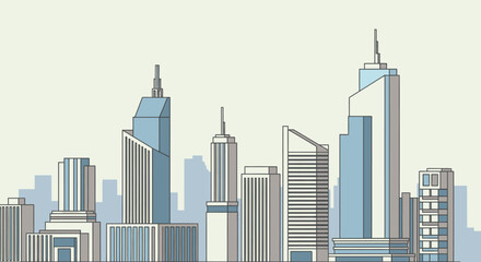 Fototapeta premium Modern city skyline illustration blue and grey buildings on cream background