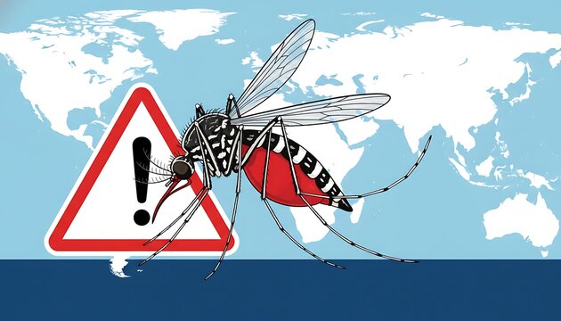 Dangerous mosquito carrying blood stands before an exclamation warning sign and world map