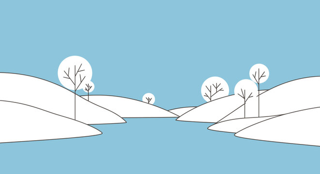 Minimalist winter landscape illustration with snow covered hills and trees