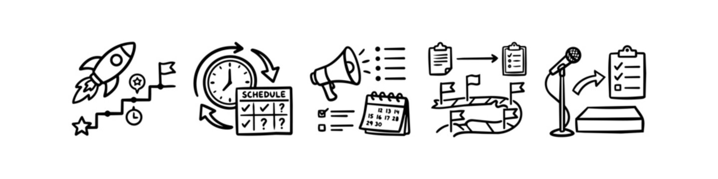 Hand-drawn business planning and project management doodle icon set featuring a rocket launch, schedule clock, marketing megaphone, and presentation microphone on a white background.