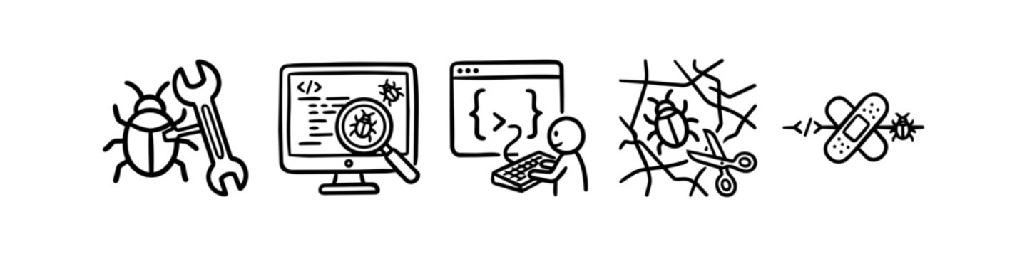 Hand-drawn doodle set of software debugging icons, featuring bug fixing concepts, code inspection, programming, and system troubleshooting on a clean white background.