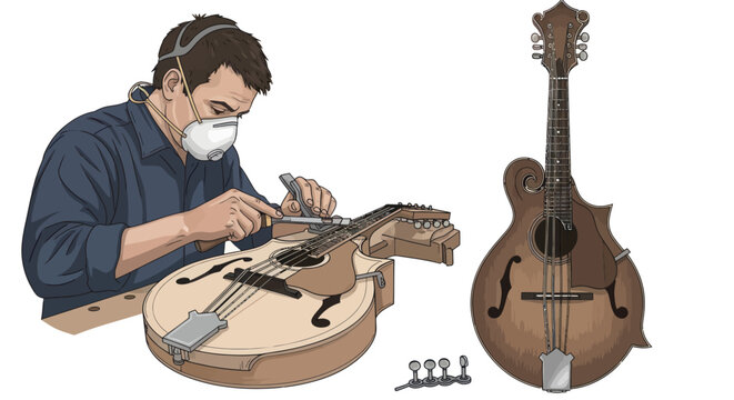 Luthier meticulously works on fretboard of a mandolin instrument.