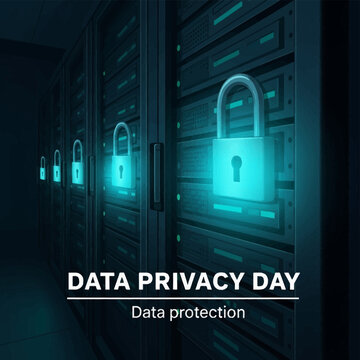 Digital illustration of server racks in a dark data center featuring glowing cyan padlocks on the units with text overlay reading Data Privacy Day and Data protection.