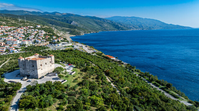 View of Senj Croatia showing coastline and old stone tower