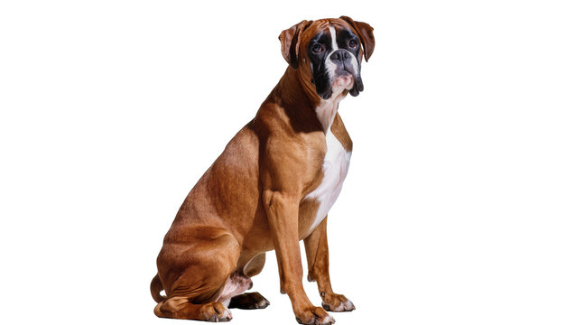 Brown boxer dog sitting attentively, isolated on transparent background