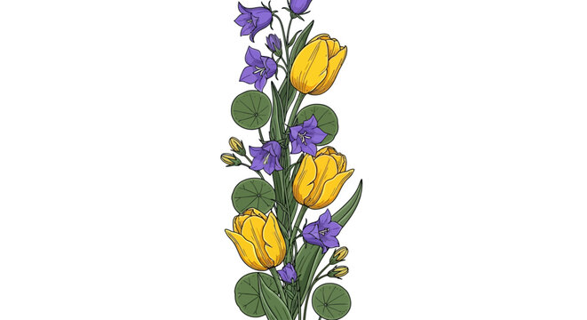 Vertical floral arrangement with yellow tulips and purple bellflowers on white background