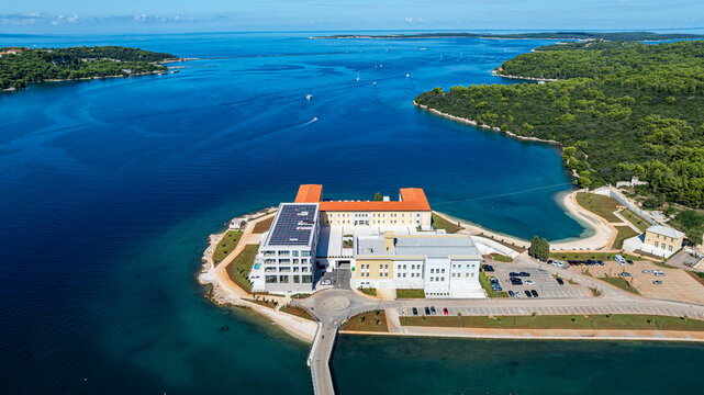 Luxury resort located on a peninsula offers views of the water and green landscape in Pula, Istria, Croatia