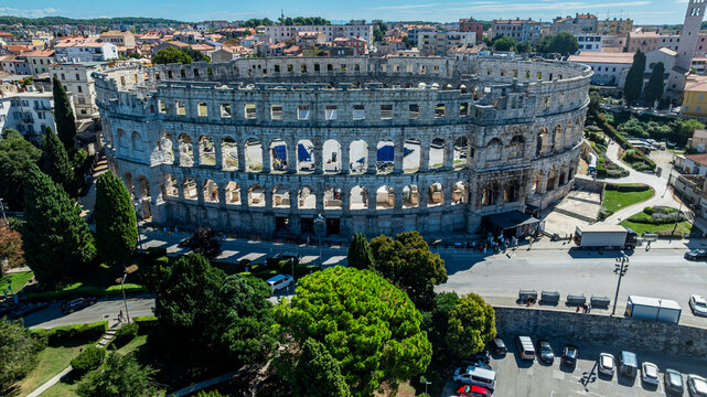 View of the Roman amphitheatre in Pula from above showing architecture and surroundings in Croatia