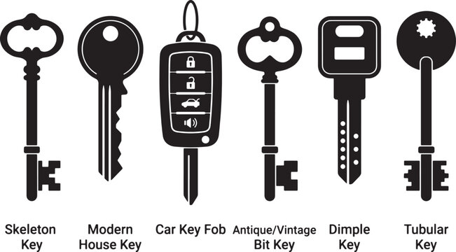 premium Vector keys set, skeleton, modern house, car key fob, antique vintage, dimple tubular vector illustration