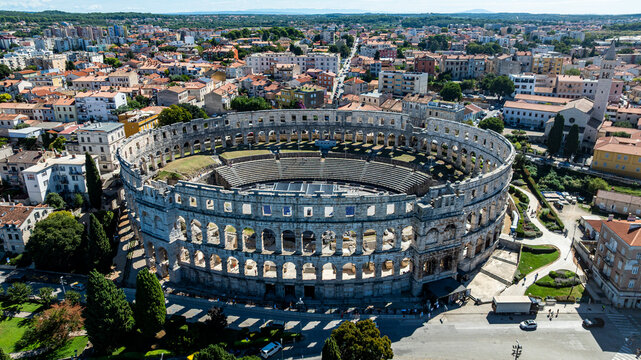 Aerial view of Roman amphitheatre in Pula showing city layout and surrounding areas in Istria, Croatia