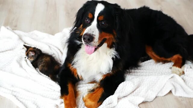 A large Bernese Mountain Dog and a small calico kitten lying together on a white blanket in a cozy room.