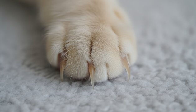 Detailed close up of a domestic cats paw with extended sharp claws on light carpet