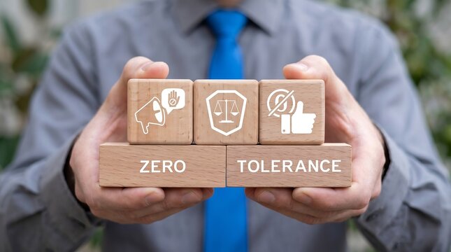 Concept of zero tolerance. Business person holding wooden blocks with icons sees the inscription ZERO TOLERANCE new