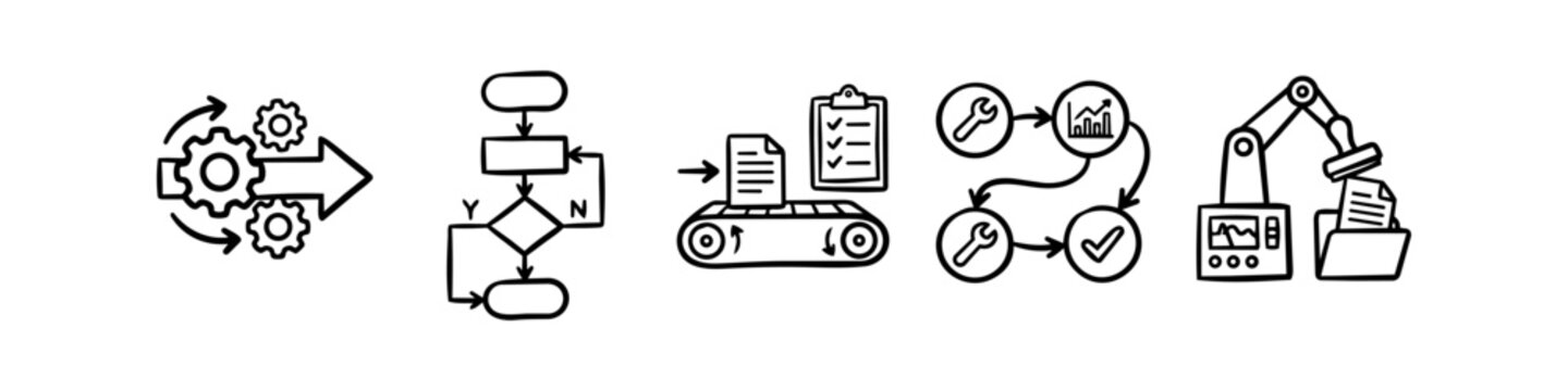 Hand-drawn vector icon set illustrating business process automation, workflow optimization, digital transformation, and industrial efficiency. Ideal for corporate and technology presentations.