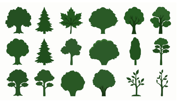 Cartoon Tree Silhouettes Vector Set with Forest Saplings and Flat Nature Landscape Elements