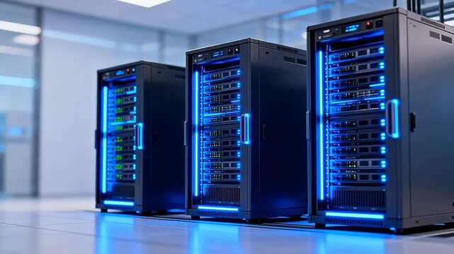 Server racks with blue lights in data center