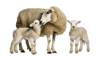 Sheep mother nuzzling a lamb with another lamb nearby, isolated on transparent background © Finn