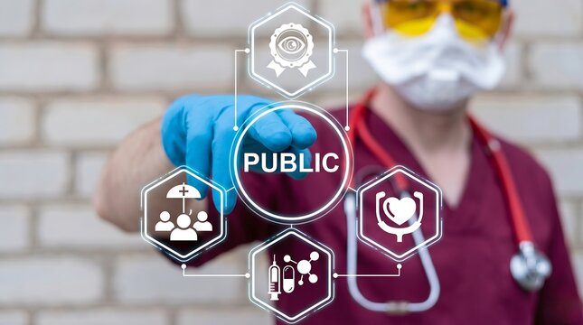 Doctor using virtual touch screen push text: PUBLIC HEALTH. Public health concept. Society health control. Modern medicine sector. new
