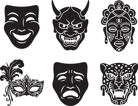 premium Theatrical Masks, Venetian Carnival, Vector Icons, Black Silhouettes, Masks Set vector illustration