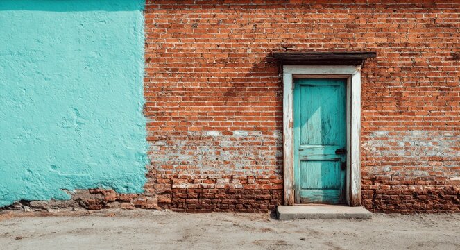 Old red brick wall with a turquoise wooden door on the left side, weathered textured surface, urban setting