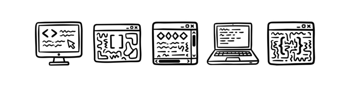 Hand-drawn doodle set of coding and web development icons. Featuring computer monitors, laptops, and browser windows with code tags, brackets, and UI elements. Minimalist black ink on white.