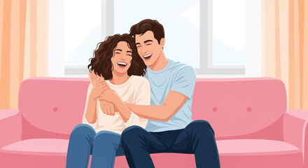 Obraz premium Vector illustration of a happy young couple sitting on a pink sofa and embracing while laughing together. Interior living room setting with a window and curtains behind them.