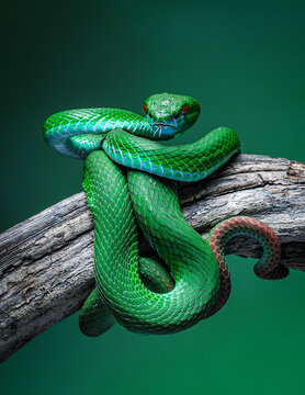 Macro close-up of a vibrant green pit viper snake coiled around a tree branch in a tropical rainforest environment. Detailed scales, striking yellow eyes, and natural camouflage create a dramatic wild