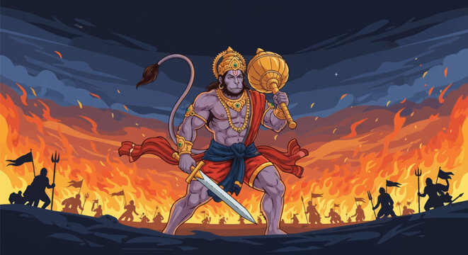 Hindu Deity Lord Hanuman Standing in Burning Battlefield Holding Golden Gada Mace and Sword with Warrior Silhouettes and Intense Fire Under a Starry Night Sky Digital Illustration